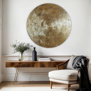 Large Round Gold Wall Art Textured Circular Metallic Painting Modern Gold Leaf Wall Decor for Living Room or Bedroom