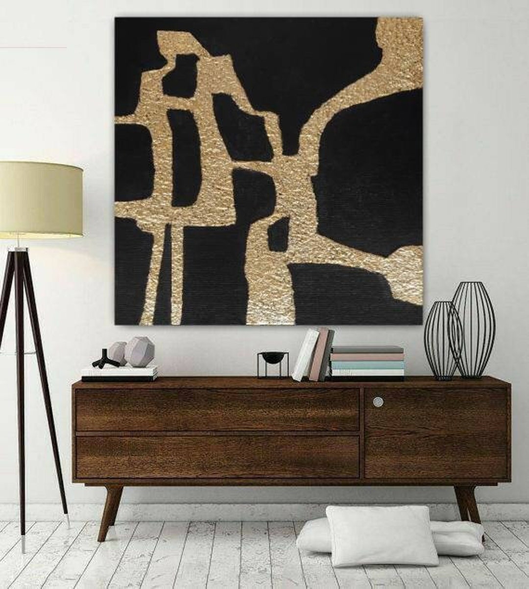 Large Gold Wall Art Black Gold Geometric Canvas Painting Gold Etsy