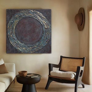 Wabi Sabi Wall Sculpture 3D Circular Relief on Canvas, Japandi Wall Art