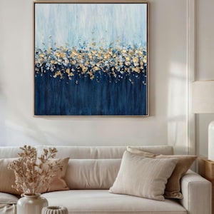 Extra Large Blue and Gold Wall Art - Textured Canvas for Living Room Modern Gold Wall Decor