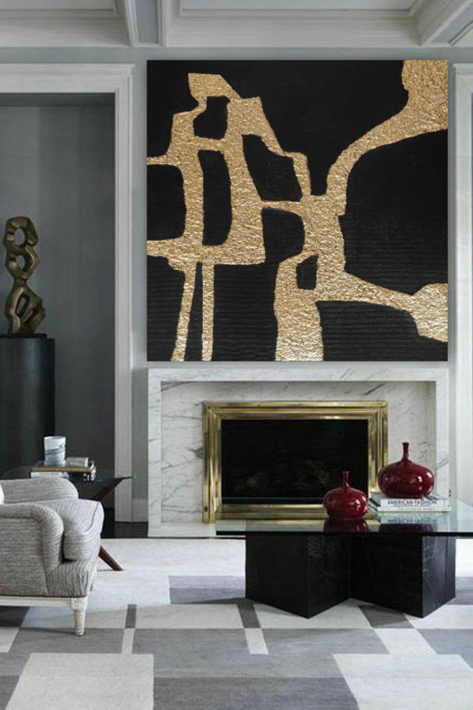 Large Gold Wall Art Black Gold Geometric Canvas Painting Gold Etsy