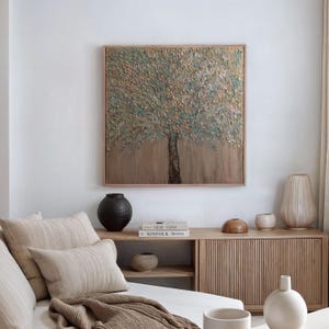 Tree Wall Art Rustic Modern – Wabi Sabi Textured Copper Patina Painting, Japandi Earth Tone 3D Nature Artwork for Living Room