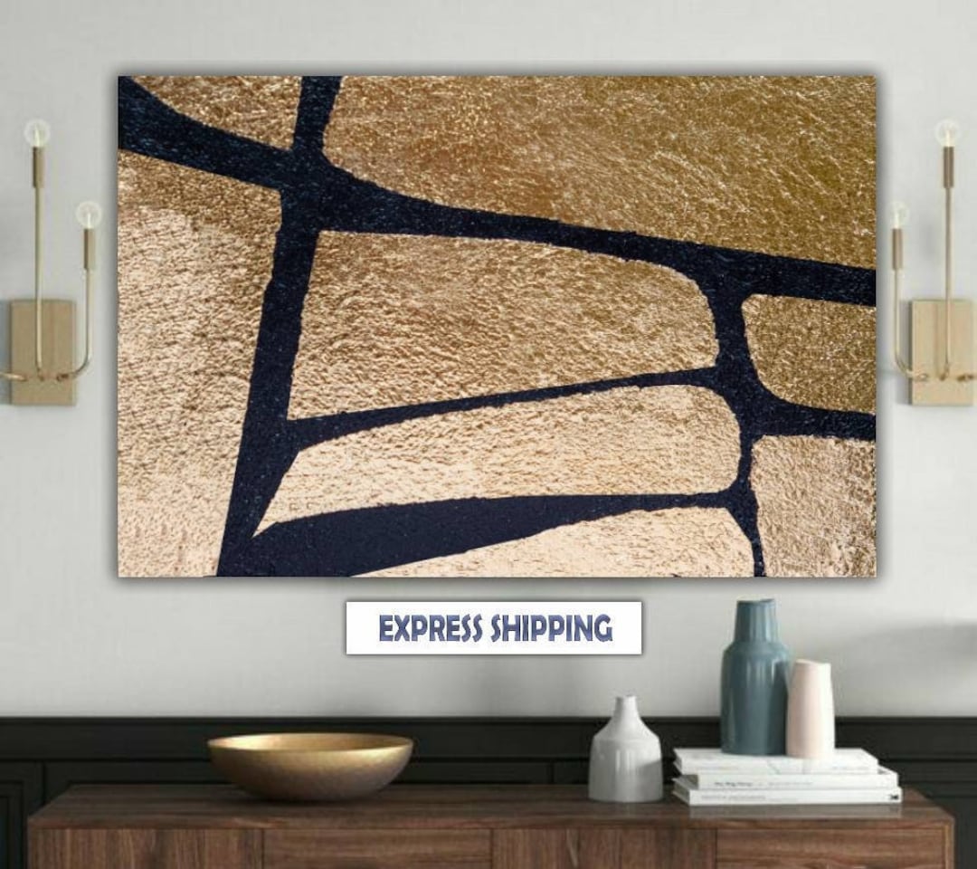 Large Gold Abstract Canvas Wall Art Golden Leaf Painting Original Black ...
