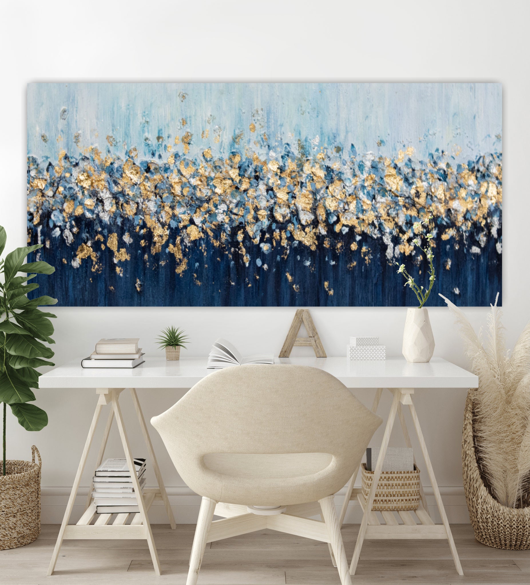 Navy Blue Gold Wall Art Abstract Textured Canvas Luxury Modern Painting ...