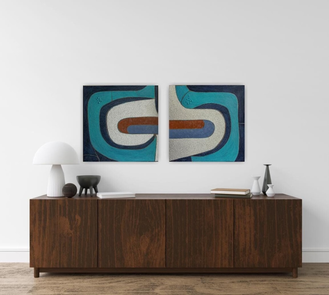 Mid Century Modern Wall Art Set Navy Blue Geometric Canvas - Etsy