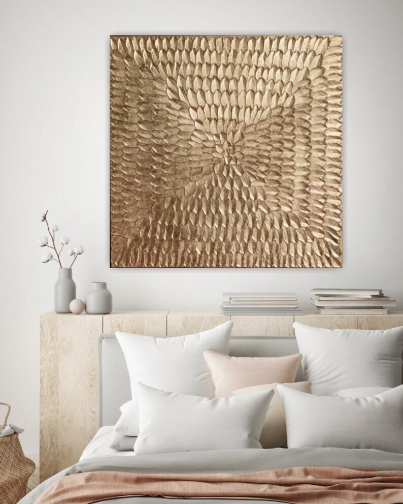 Grand Tableau Doré 3D Texturé, Toile Motif Soleil pour Salon Minimaliste et Chic image 13