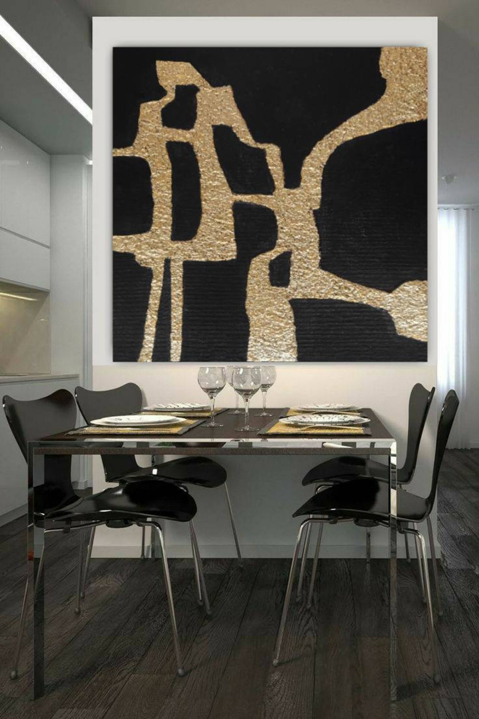 Large Gold Wall Art Black Gold Geometric Canvas Painting Gold Etsy