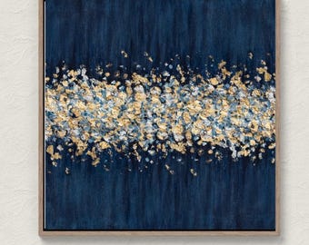 Navy Blue Gold Abstract Canvas Art  Large 3D Textured Modern Living Room Decor
