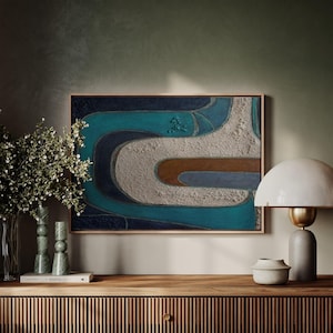 Cuadro abstracto en lienzo azul marino de estilo moderno de mediados de siglo para decoración de pared.