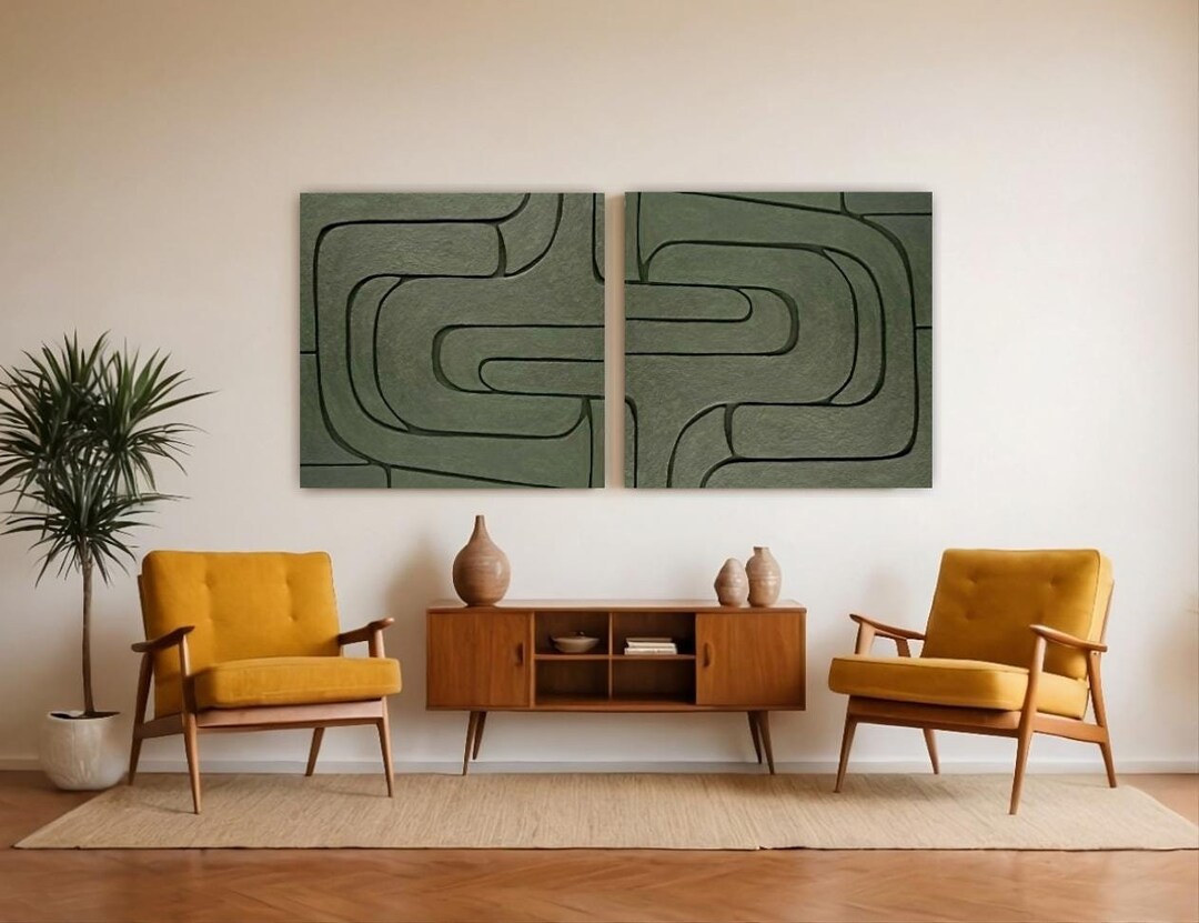Set of Two 3d Textured Wall Art Dark Green Wabi Sabi Wall Art Green 3d ...