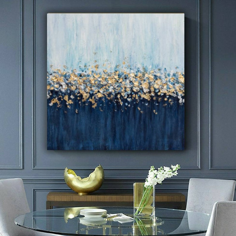 Abstract Gold Silver Leaf Painting Navy Blue Textured Painting On Canvas Gold Painting Wall Art Decor Art Collectibles Acrylic Keyforrest Lt