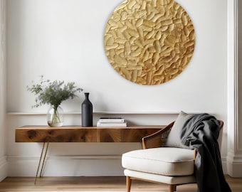 Gold Leaf Circle Wall Art Round Canvas 3D Textured Decor