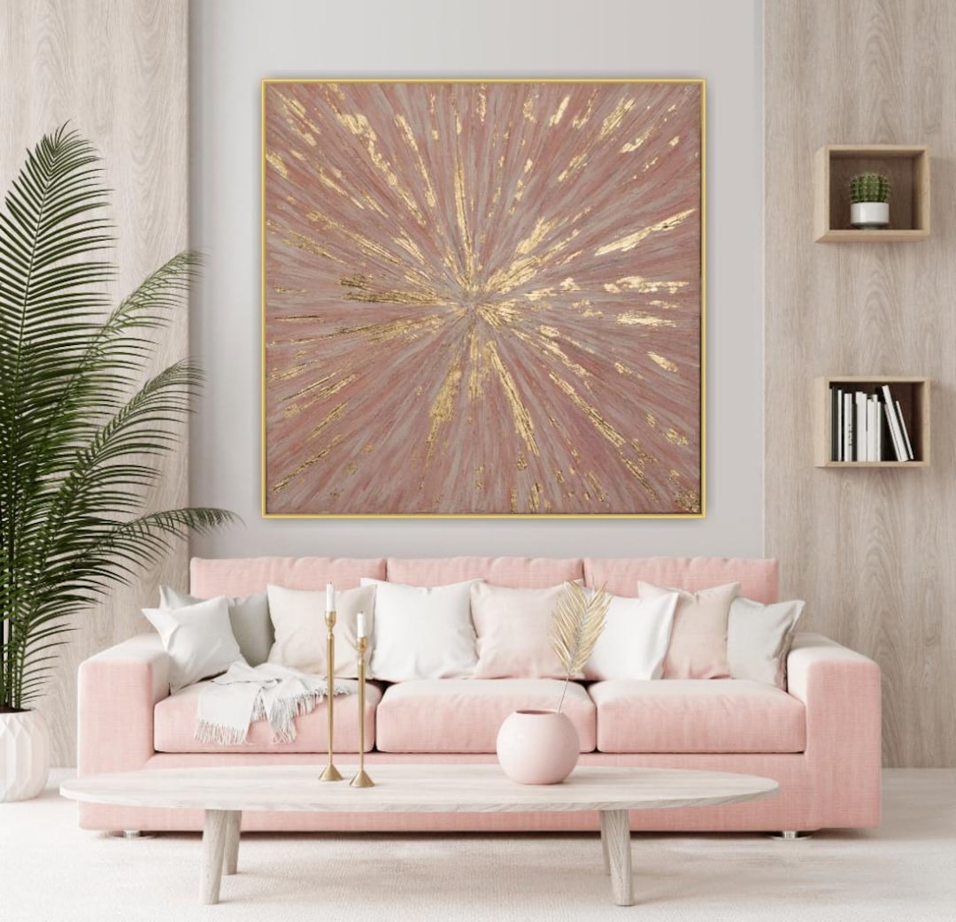 Pink and Gold Sunburst Wall Art – Large Textured Abstract Canvas ...
