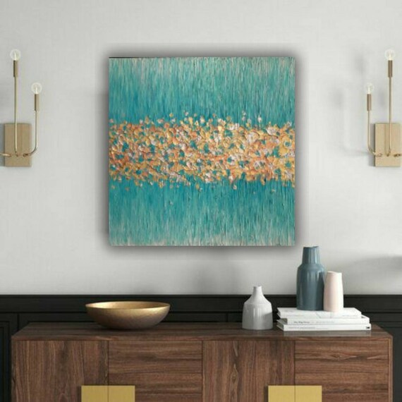 Abstract Gold Silver Leaf Painting Turquoise Blue Textured Etsy