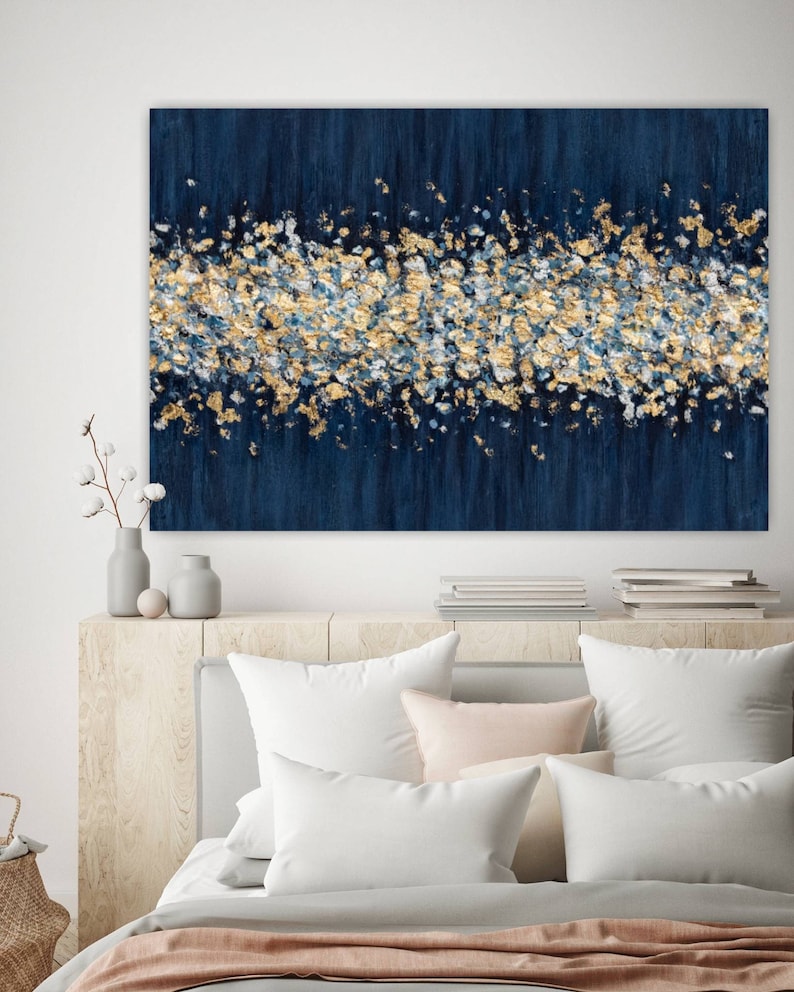 Large Gold Wall Art Canvas Painting Navy Blue Textured Wall Etsy