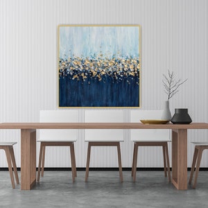 Blue and Gold Wall Art Large Navy Abstract Canvas with Gold Leaf Texture, Oversized Modern Painting for Living Room or Bedroom Decor