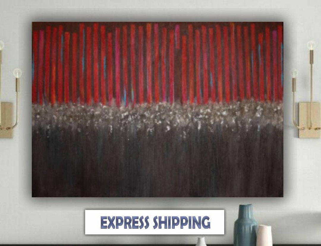 Textured Red and Gray Canvas Hand Painted Silver Gold Wall Art Original