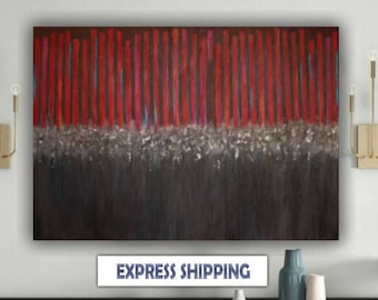 Textured red and gray canvas hand painted silver gold wall art original canvas  wall art