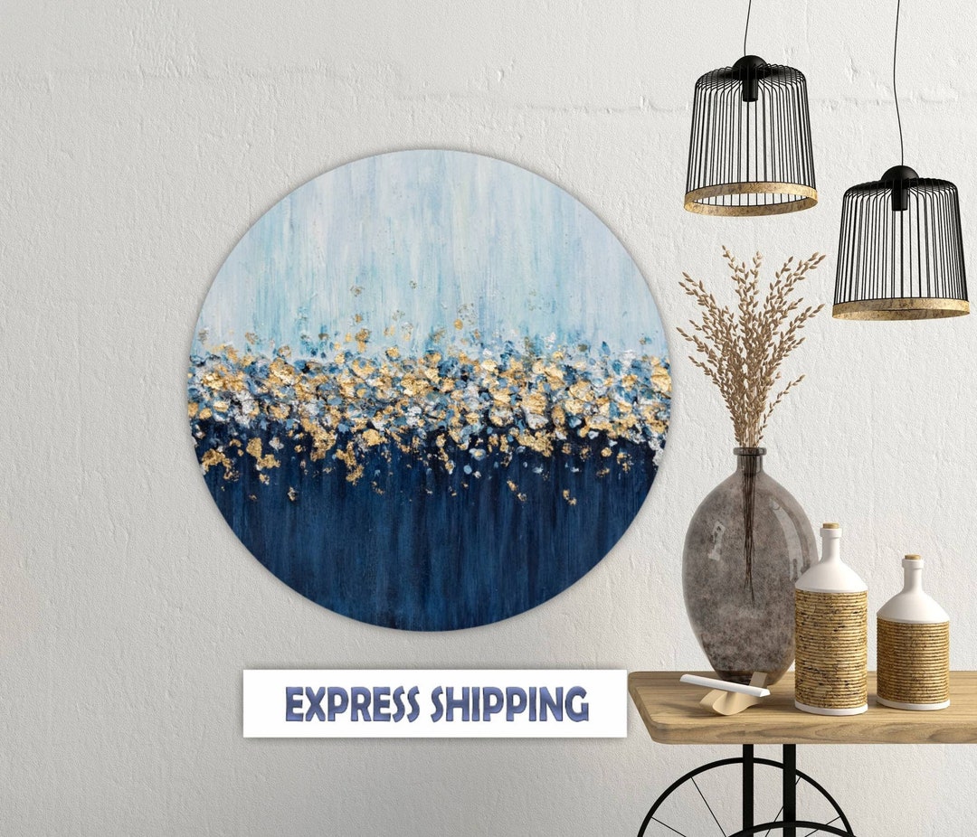 Gold Round Wall Art Navy Blue Round Wall Art Canvas 3d Texture Etsy