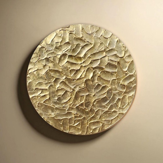 Gold Leaf Wall Art 3D Textured Abstract Round Decor Minimalist Champagne Gold Canvas Painting