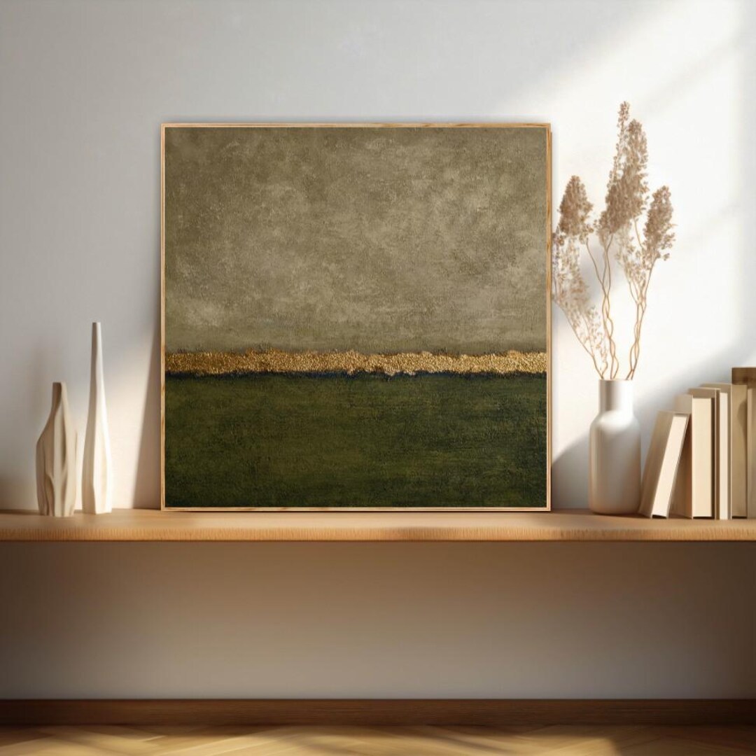 Wabi Sabi Art Sage Green and Gray Wall Art Gold Leaf Minimalist Wall