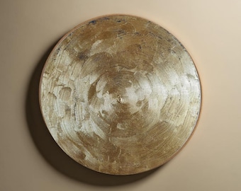Tableau Soleil Or | Grande Toile Ronde Cercle Texturée Impasto | Peinture Feuille d'Or Abstraite | Décoration Japandi Minimaliste Chambre