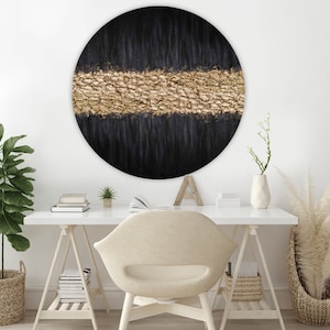 Black and Gold Circle Wall Art Round Textured Painting on Canvas  Modern Golden Leaf Artwork Handmade Wall Decor for Living Room