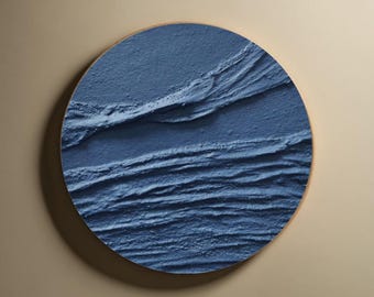 Navy Blue Round Wall Art Handmade Textured Painting Minimalist Circle Artwork
