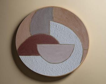 Round Textured Canvas Art, Geometric Neutral Abstract Painting, Boho Japandi Wall Decor