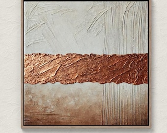 Wabi Sabi Copper Wall Art, Modern Abstract Textured Canvas Painting, Neutral Brown Handmade Decor