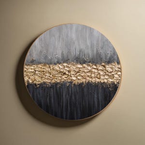 Gray and Gold Round Wall Art – Textured 3D Circular Painting, Handmade Gold Leaf Canvas, Modern Living Room Decor, Oversized Wall Sculpture