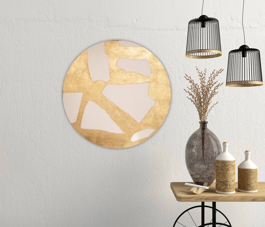 Gold Round Wall Art Geometric Round Canvas Painting Textured Gold Round
