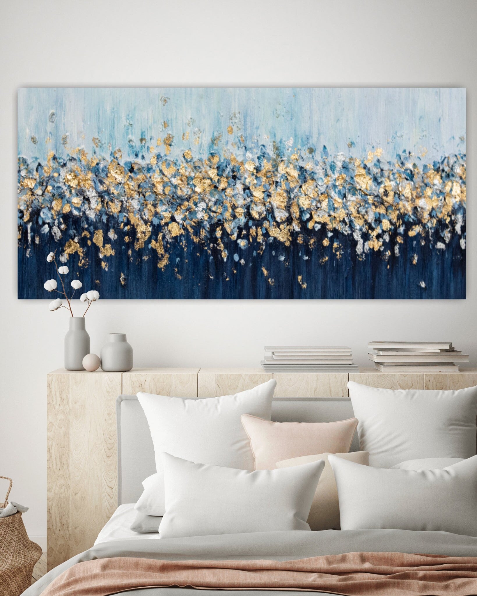 Navy Blue Gold Wall Art Abstract Textured Canvas Luxury Modern Painting ...