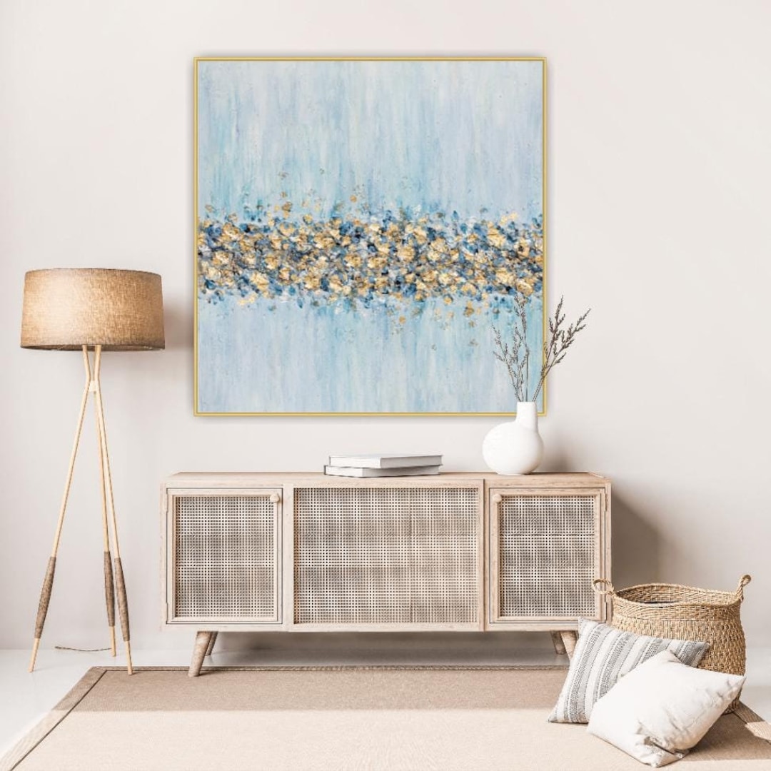 Light Blue Wall Art Gold Leaf Painting Textured Wall Art Livingroom