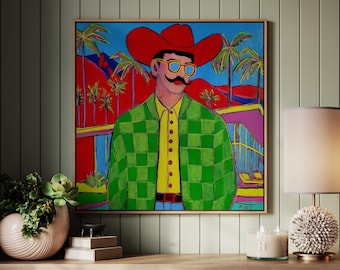 Pintura original de arte pop vaquero tropical: decoración maximalista peculiar de Palm Springs sobre lienzo.