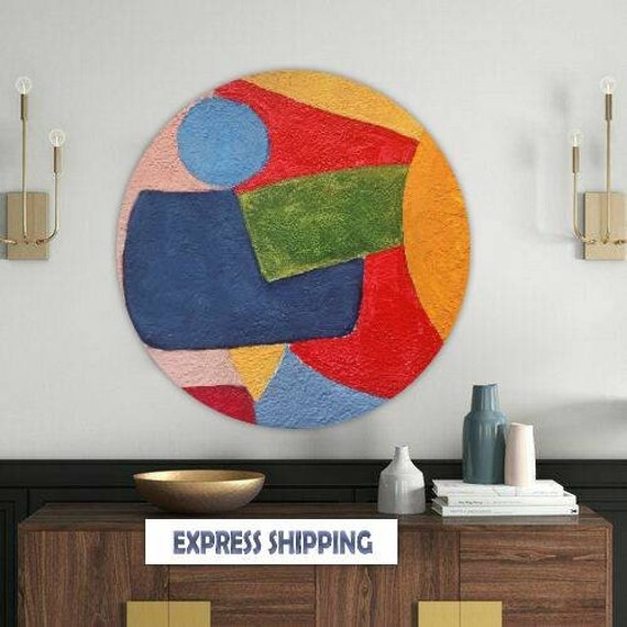 Mid Century Geometric Round Painting Round Geometric Painting Etsy