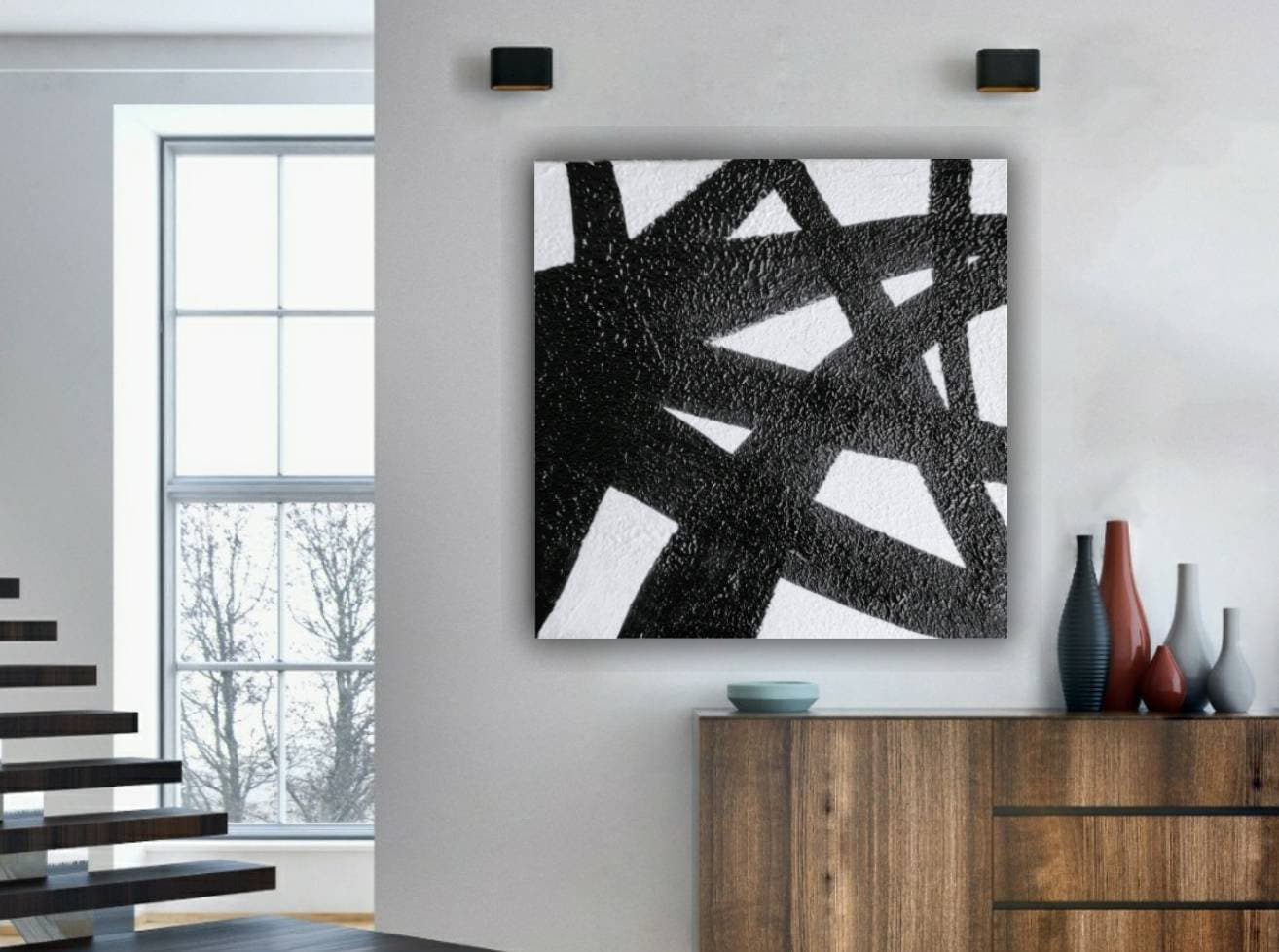 Black and White Original Painting Minimalist Geometric Mid | Etsy