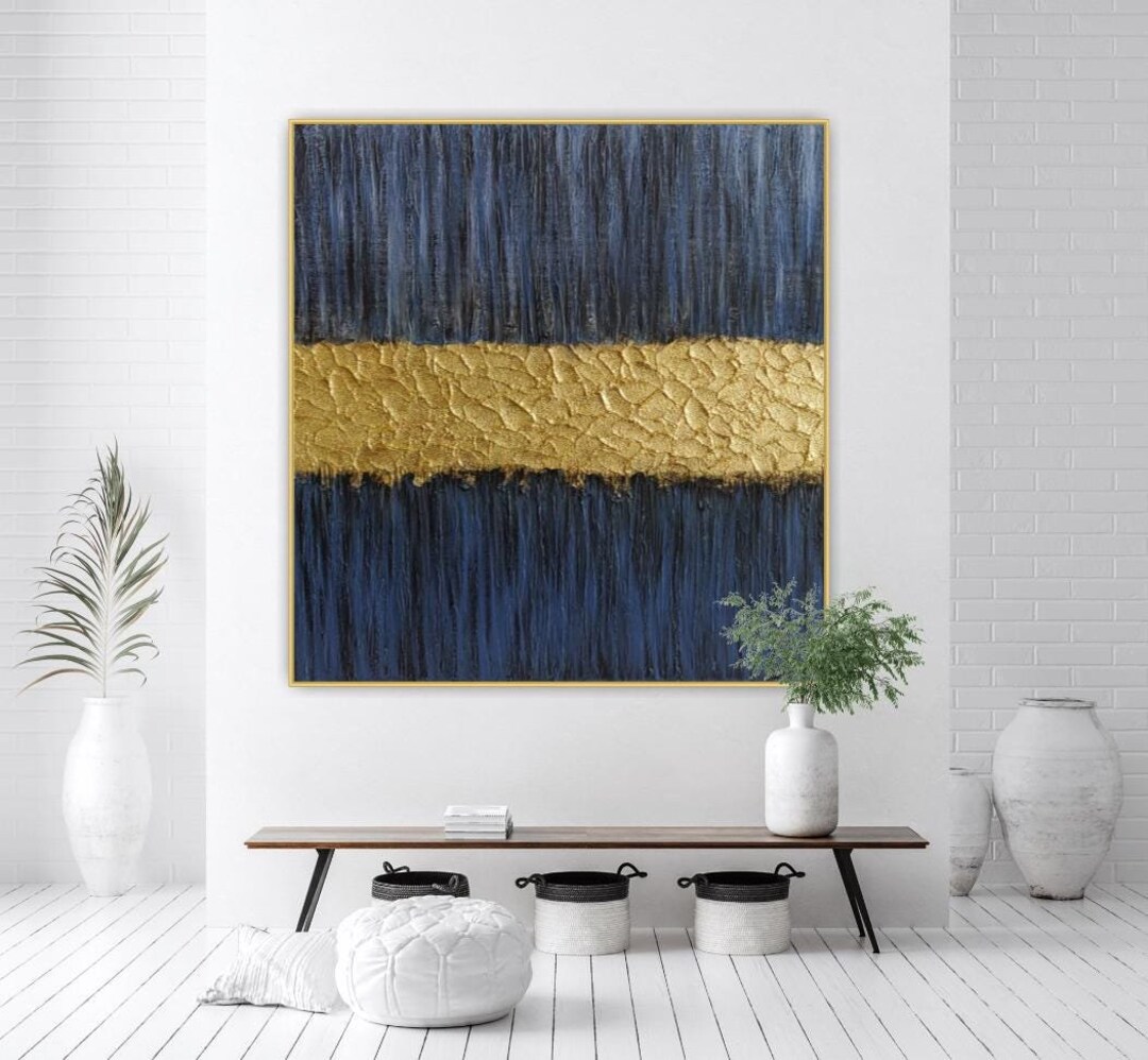 Abstract Art Navy Blue Painting Gold Leaf Wall Art Texture Wall ...