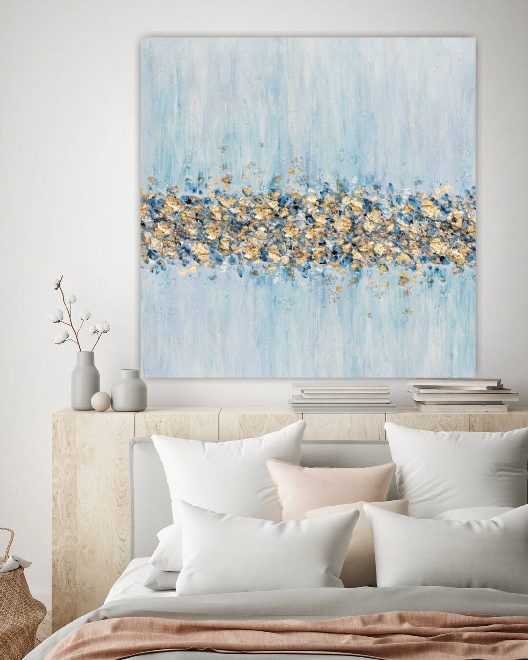 Large Abstract Light Blue Painting Gold Painting Texture Painting ...