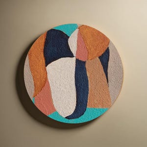 Round Textured Canvas Wall Art  Mid Century Modern Abstract Geometric Painting, Handmade Circular MCM Retro Wall Decor for Living Room