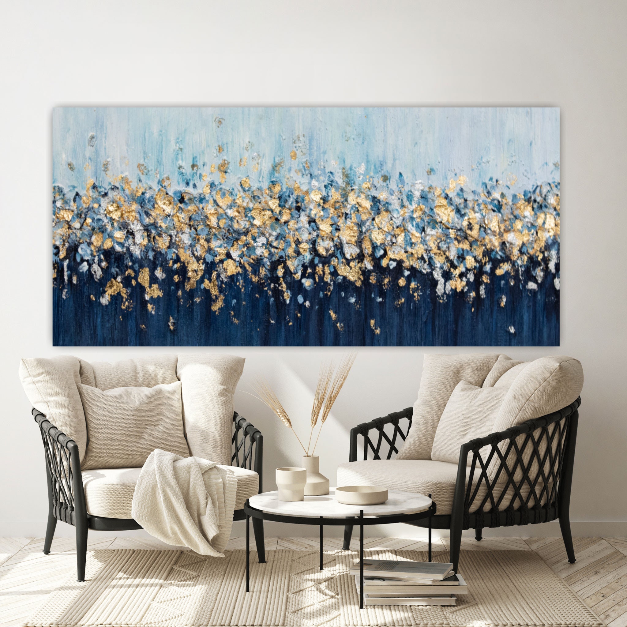 Navy Blue Gold Wall Art Abstract Textured Canvas Luxury Modern Painting ...