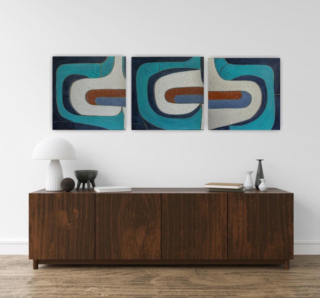 Mid Century Modern 3 Piece Wall Art Set, Textured Blue Geometric Canvas ...