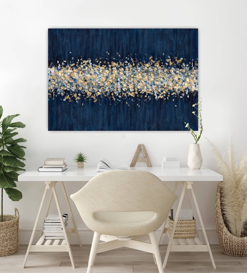 Large Gold Wall Art Canvas Painting Navy Blue Textured Wall Etsy