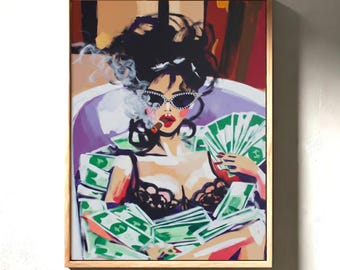 Dunkle feminine Wandkunst, Femme Fatale Acrylmalerei, stimmungsvolle Glamour-Leinwand