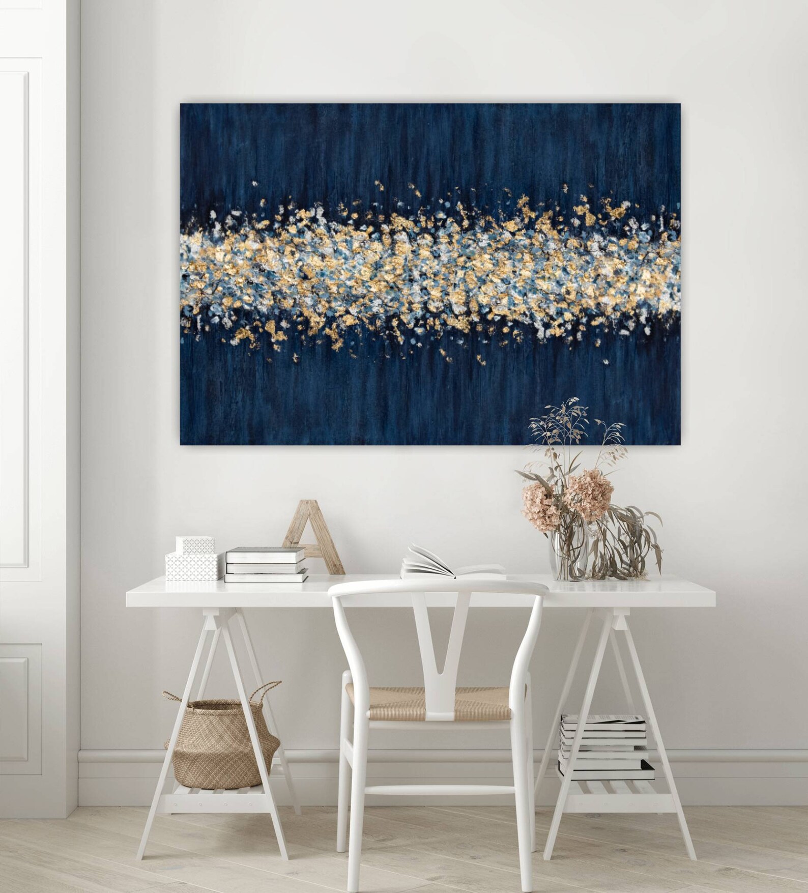 Large Gold Wall Art Canvas Painting Navy Blue Textured Wall Etsy