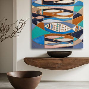 Oversized 3D Geometric Fish Painting Blue Teal Gold Coastal MCM Wall Art