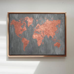 Mapa del mundo texturizado en cobre sobre lienzo. Obra de arte en cobre. Escultura de pared grande. Arte de pared texturizado en cobre 3D.
