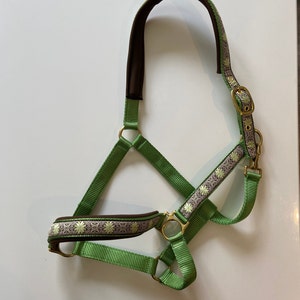 Op de afbeelding: Een groene paardenhalster met een bruin gevoerd neusriem en een bloemenpatroon. De halster heeft gouden metalen beslag.