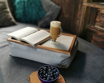 BÁSICO BLANCO - Tamaño L / Bandeja para computadora portátil Escritorio para regazo Mesa para computadora portátil para cama Bandeja ergonómica para manzanas Soporte para computadora portátil Bandeja para cama Bandeja de madera Mesa de desayuno