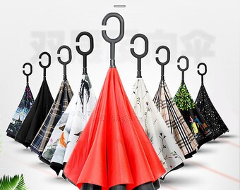 Car Reverse Folding Umbrella Inverted Umbrella with Tractorist Tractor Retro Print
